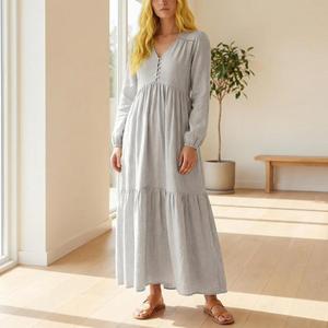Vestido largo de lino y algodón para mujer, vestido largo holgado con cuello en V, ropa informal de verano - Product Image 5