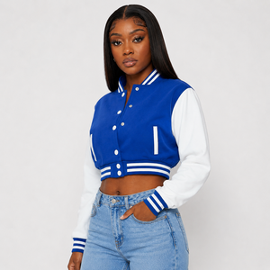 Women Crop Top Varsity Jacket Featuring Snap Button Front Rib Knit Trim And Relaxed Fit For Casual Daily Outfits New 2026 - Product Image 5