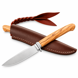 Couteaux de chasse à manche en bois brun clair naturel avec lame fixe argentée et étui en cuir marron pour le camping, la randonnée et les activités de plein air - Product Image 5