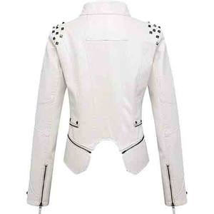 Chaqueta de Moto de Cuero PU Blanca para Mujer, Cuello Alto, Manga Larga, Decoración con Remaches, Cierre de Cremallera, Color Sólido, Estilo Biker, Ropa de Otoño - Product Image 5