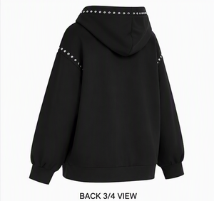 Sudadera con capucha negra para mujer, jersey de punto, manga larga, corte regular, otoño invierno, con pedrería. - Product Image 4