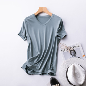 Camisetas de Verano al por Mayor de Algodón con Cuello en V para Mujer, Elegantes, con Bloques de Color, Lisas y Teñidas - Product Image 4