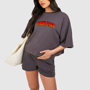 Conjunto de 2 Piezas Personalizado de la Mejor Calidad, Blusa Casual de Manga Corta con Encaje por Encima de la Rodilla y Pantalones Holgados 100% Algodón para Mujer - Product Image 1