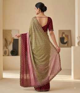 Sari en soie douce à double teinte avec broderie et bordure festonnée, motif Butti tissé - Product Image 3