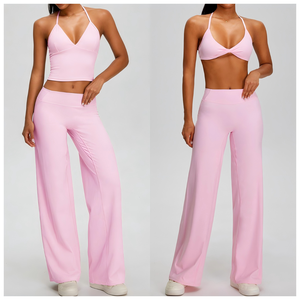 Ensemble de yoga rose taille haute sans coutures, avec haut court à dos croisé et col en V, et short respirant en Spandex et Polyester, 3 pièces avec fermeture à cordon de serrage - Product Image 2