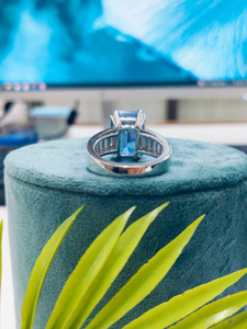 White Gold <b>Ring</b> featuring Emerald Blue Diamond with Sparkling Side Stones, <b>crafted</b> for a bold, elegant, and sophisticated look - Product Image 4