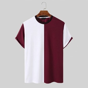เสื้อยืดทูโทนสีขาวและสีแดงไวน์ ผู้ชาย ผ้าฝ้าย แต่งผ้าตัดต่อ สไตล์ลำลอง แฟชั่น มินิมอล สตรีทสไตล์ รับทำโลโก้แบบกำหนดเอง OEM ODM - Product Image 1