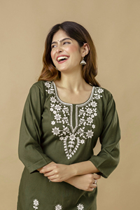 <b>Women's</b> Olive Green Cotton <b>Kurta</b> With White Embroidery 3/4 Sleeve Traditional Casual Wear Midi Length Regular Fit - Product Image 2