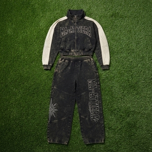 Conjunto de chándal de dos piezas para mujer: Chaqueta corta con cremallera y lavado ácido y pantalones de chándal de pierna ancha - Product Image 6
