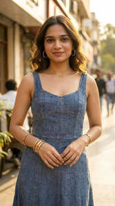 Robe midi décontractée d'été en lin et coton bleu, à fines bretelles, coupe ample, couleur unie, taille naturelle, sans manches - Product Image 2