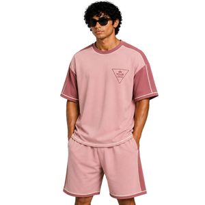 Pink Mens Oversized T Shirt And Shorts <b>Set</b> Dusty Rose Contrast Panels Customized Logo Crew Neck Casual Streetwear Wholesale - Product Image 1