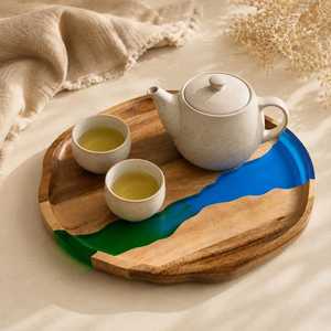 2026 Luxury Aurora River <b>Epoxy</b> Resin & Solid Acacia Wood Serving Tray with Premium Gold Metal Handles for Modern Home Décor - Product Image 2