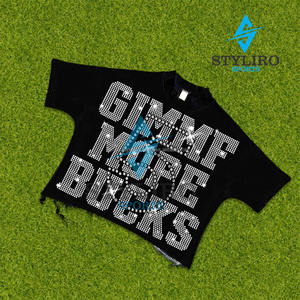 Nouvelle mode rue Hip-Hop en détresse ourlet T-Shirt personnalisé strass transfert oversize boxy recadrée graphique strass t-shirt - Product Image 3