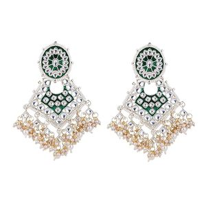 Parure de bijoux en alliage plaqué or rose avec collier, boucles d'oreilles et coiffe, ornée de cristaux verts, strass, perles et pompons, pour femme, mariage - Product Image 4
