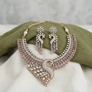Luxury Peacock Necklace <b>Set</b> Gold Plated Brass CZ & Pink Stone <b>Bridal</b> <b>Jewelry</b> <b>Set</b> with Matching Earrings Traditional Indian - Product Image 3