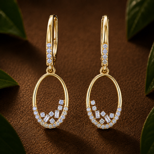 18K Yellow Gold Floating Baguette Lab Grown Diamond Round Drop <b>Earrings</b> Modern Open Oval <b>Hoop</b> Dangle Fine Jewelry for Women's - Product Image 1