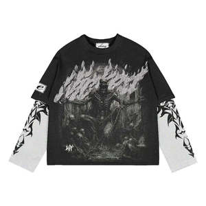 Wholesale Men's Double Layer Short Sleeve T-<b>Shirt</b> 100% Cotton Breathable Streetwear Vintage <b>Patchwork</b> Design - Product Image 6