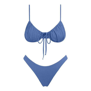 Ensemble bikini côtelé bleu pour femme, deux pièces, couleur unie, décolleté plongeant, coupe ajustée, bas échancré, style classique, en Spandex et Polyester - Product Image 1