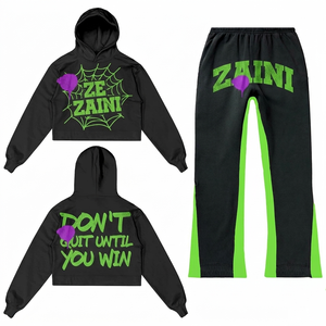 ZAINI Survêtement d'hiver pour homme, style streetwear, 400 GSM, molleton 100% coton épais, noir et vert, respirant, avec impression personnalisée en relief et sérigraphie - Product Image 1