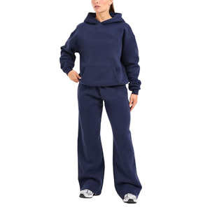 Pantalones de chándal de algodón para mujer, de pierna ancha, de cintura media, holgados, largos, color azul marino liso, informales, para otoño - Product Image 4