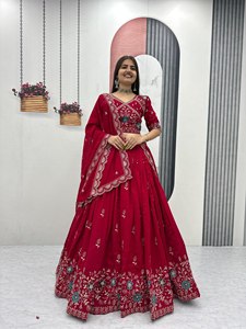 LAHENGA CHOLI DUPATTA, Hilo de Seda Vichitra Puro con Bordado de Hilo y Tela, Estilo Val - Product Image 2