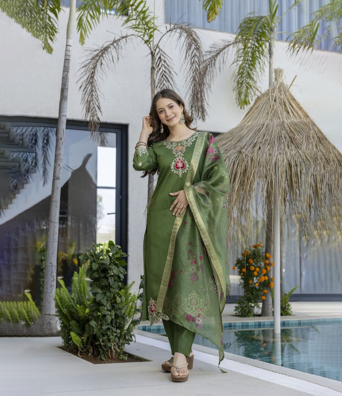 slim fit dress slacks Regal Emerald Green Banarasi Silk Punjabi Suit Set for Women