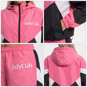 Ensemble de survêtement pour femmes, rose, noir, blanc, couleur contrastée, à capuche, fermeture éclair, coupe-vent, short, léger, sportif, décontracté, deux pièces - Product Image 6