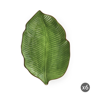 Ensemble de 6 assiettes de service en céramique dolomite peintes à la main, formes de feuilles, vert avec bord brun, style moderne, feuillage par Excelsa