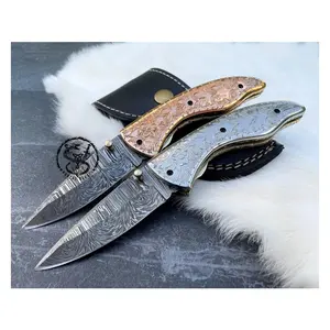 Hot Selling Hand Gesmeed Gegraveerde Koperen Handvat Damascus Messen Zakmes Handgemaakte Zakmessen