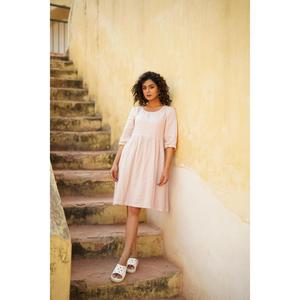 Robe midi en coton et lin pour femmes, col rond, manches 3/4, coupe ample, robe d'été décontractée - Product Image 3