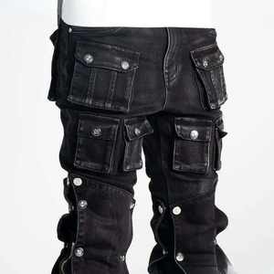 กางเกงยีนส์คาร์โก้สีดำทรงหลวมสไตล์สตรีทสำหรับผู้ชาย มีหลายกระเป๋า แต่งดีเทลขาดๆ แบบมีเลเยอร์ - Product Image 2