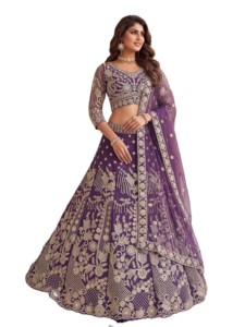 Purple Embroidered Butterfly <b>Net</b> Semi-Stitched Lehenga Choli with Dupatta Floral Design Traditional Indian Wedding Wear Women's - Product Image 1