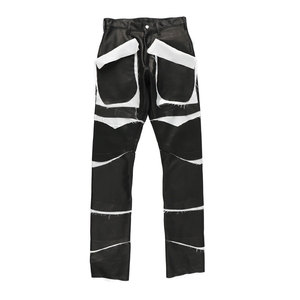 Pantalon en cuir noir léger de qualité supérieure avec empiècements blancs, style motard, détails déchirés et usés - Product Image 1