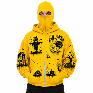 Sudadera con capucha y cremallera completa con estampado gráfico de Halloween amarillo al por mayor, sudadera con capucha extragrande con cubre rostro, sudadera con capucha de calabaza espantapájaros - Product Image 1