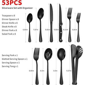 8-Person 53PCS Black Silverware Set with Cutlery Drawer Organizer Premium <b>Dinnerware</b> Sets - Product Image 2