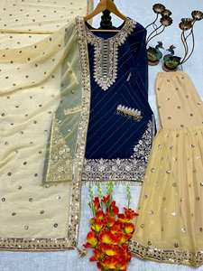 TENNECY Dupatta Azul Marino de Georgette con Bordado Intenso, Sin Arrugas, Reversible, de Secado Rápido, para Fiesta Diwali - Product Image 4