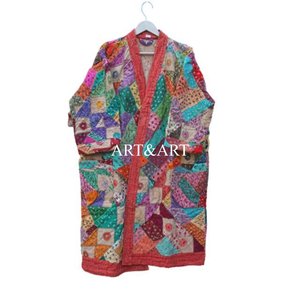 Robe Kimono Courte Vintage Chic en Kantha Brodé, Manteau Indien pour Femme Été Hiver, Manches Longues Matelassé 100% Coton Col en V - Product Image 6