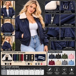 Blouson bomber bleu marine pour femme avec col en fausse fourrure, fermeture éclair, manteau chaud d'hiver - Product Image 6