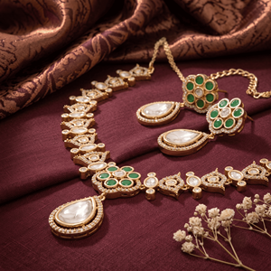 Ensemble collier choker élégant en émeraude et fleurs Kundan avec boucles d'oreilles pendantes assorties, bijoux artisanaux traditionnels pour mariée et fêtes - Product Image 5