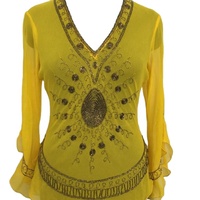 Nouveauté 2025 – Blouse T-shirt Vintage Printemps/Été Confortable avec Broderies Perlées et Paillettes Brillantes, Entièrement Brodé à la Main