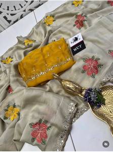 Hermoso Sari de Diseñador con Bordado Floral, Borde de Encaje con Espejos, Sari Indio para Bodas, Sari Étnico para Fiestas - Product Image 5