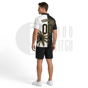 Polo de Hombre con Estampado de Palmeras en Blanco y Negro, Manga Corta, Casual, Transpirable, de Poliéster Tejido, con Diseño de Logotipo Frontal - Product Image 4