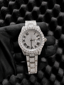 VVS Moissanite Diamond Encrusted Quartz <b>Watch</b> Round <b>Case</b> 41mm Analog Display Roman Numeral Stainless Steel Deployment Clasp Men - Product Image 6