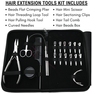 Silver Hair Extension <b>Tools</b> Kit with 7 Inch Flat Crimping Plier Loop Threader Pulling <b>Hook</b> <b>Tool</b> Beads Box Mini Hair Scissor Set - Product Image 2