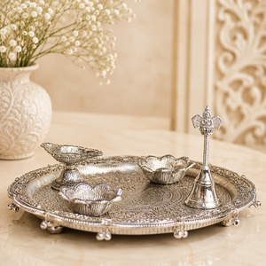 Traditional Silver Polished Embossed <b>Pooja</b> Thali Set with Aarti Deepak Bell for Home <b>Mandir</b> Diwali Handmade Festive Decor - Product Image 4