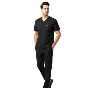 Haut de blouse médicale noir pour homme à col en V avec poches avant, uniforme d'hôpital, tissu tissé en mélange coton-polyester - Product Image 1