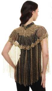 Chandni Export House Adult <b>Black</b> Gold Beaded Embroidery Cape with Fringe Pearls and <b>Sequins</b> Polyester Wedding <b>Jacket</b> Wrap - Product Image 4