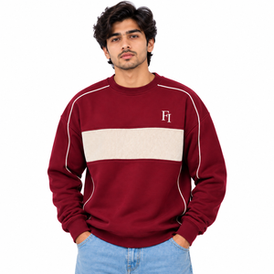 Sudadera Azul para Hombre con Cuello Redondo, Panel Blanco en el Pecho, Ribete en Contraste, 100% Algodón Felpa, Corte Holgado, Manga Larga, Estilo Urbano - Product Image 2