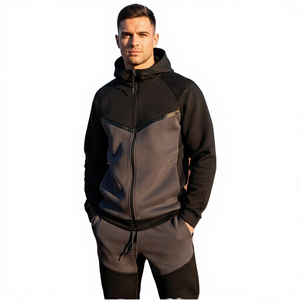 Custom Men's Black Grey Full <b>Zip</b> <b>Hooded</b> Tracksuit Premium Polyester Cotton Blend Sports Jacket and Jogger Pants Gym Running - Product Image 1
