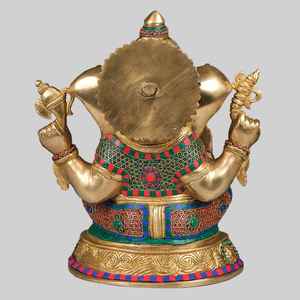 รูปปั้นพระพิฆเนศทำด้วยมือทำจากทองเหลืองพร้อมงานฝังตกแต่งรูปช้างฮินดูสำหรับตกแต่งบ้านและ Vastu Pooja - Product Image 3